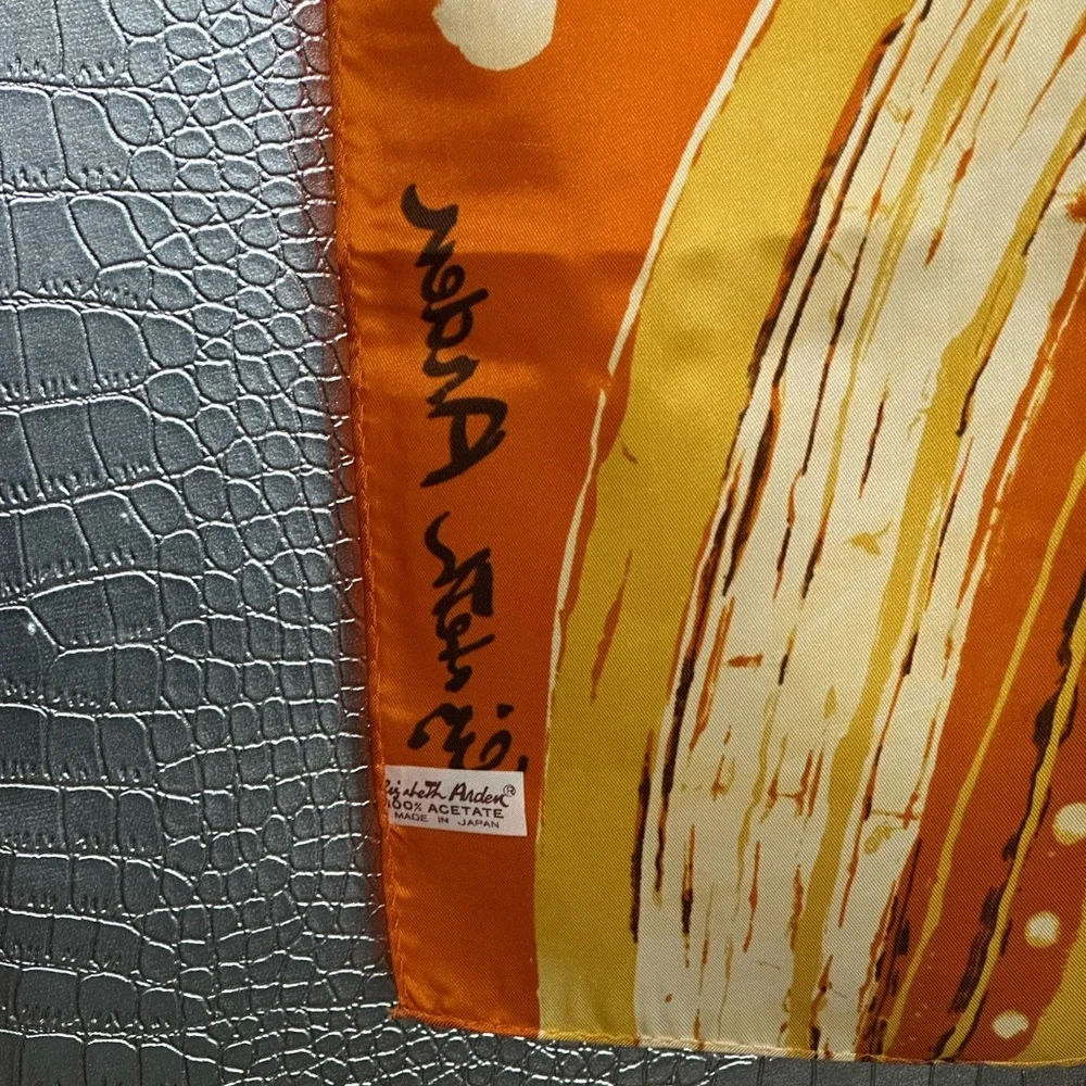 Elizabeth Arden Vintage Orange and Yellow Floral Patterned Silk Scarf